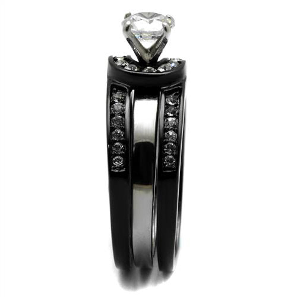 ARTK2303 Stainless Steel Silver & Black Women's AAA CZ Wedding Ring Band Set Size 5-10